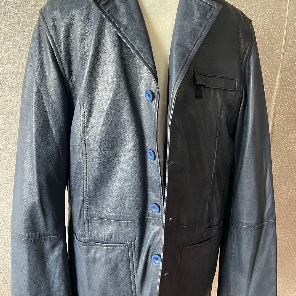 Comstock & Co. Men's Blue Long Sleeve Classic Soft Leather Long Jacket Size 40